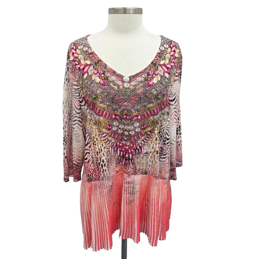 New Directions Womens Pleated Hem Tunic XL Pink Embellished V-Neck 3/4 Sleeve‎